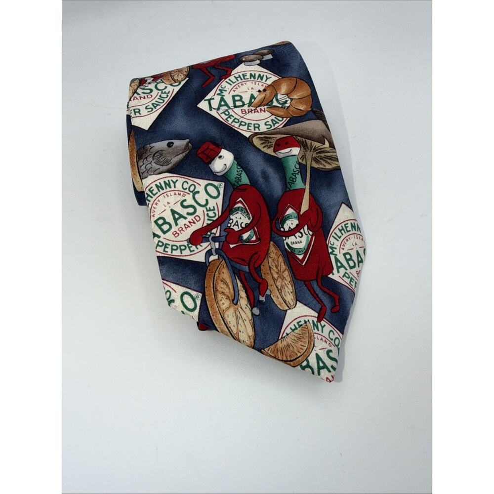 Tabasco Hot Sauce Tie Bicycle Shrimp Fish Themed Men’s 100% Silk Made in USA